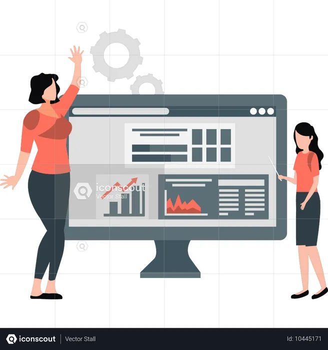 Junge Mädchen analysieren Infografik-Daten auf dem Monitor  Illustration