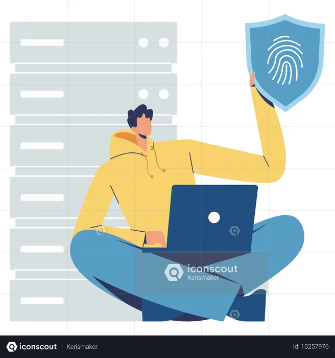 Junge nutzt biometrischen Schutz für Serversicherheit  Illustration