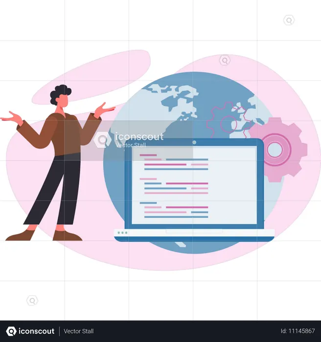 Junge präsentiert Website-Entwicklung  Illustration