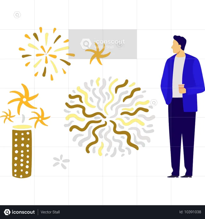 Junge schaut sich Feuerwerk an  Illustration