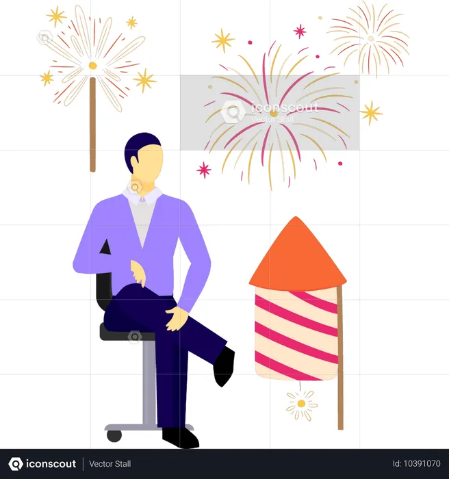 Junge schaut sich Feuerwerksrakete an  Illustration