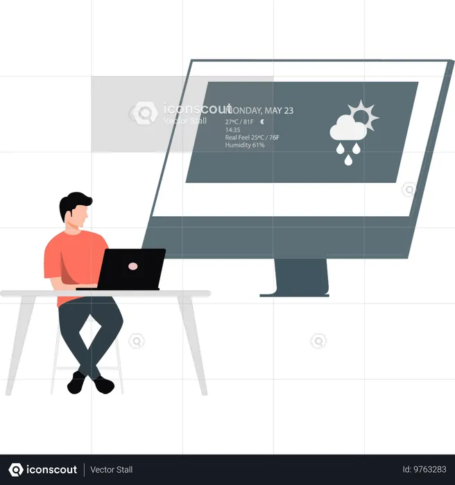 Junge sieht Wetterberichte auf Monitorbildschirm  Illustration