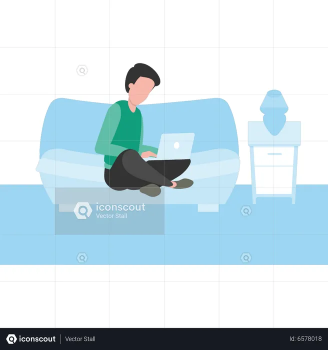 Junge sitzt auf dem Bett mit Laptop  Illustration