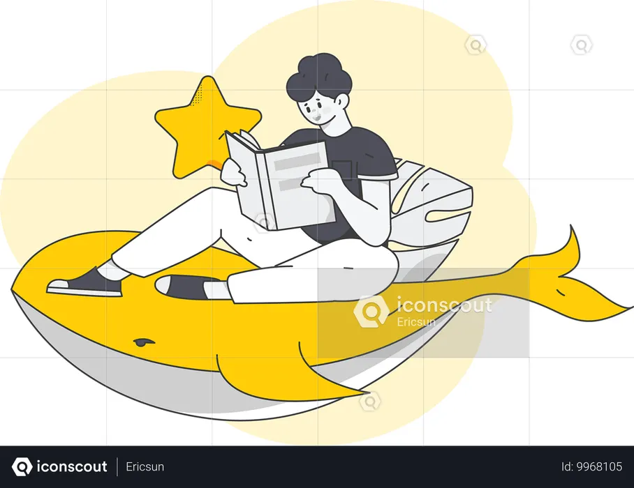 Junge sitzt auf Fisch und liest Buch  Illustration