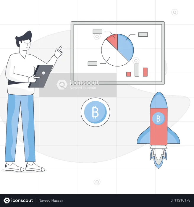 Junge spricht über Bitcoin-Startup  Illustration