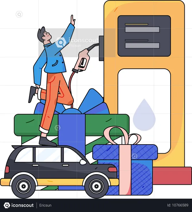 Junge tankt Auto an Tankstelle  Illustration