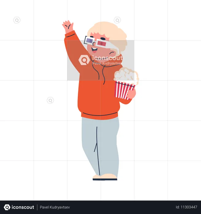 Junge mit 3D-Brille hält Popcorn  Illustration