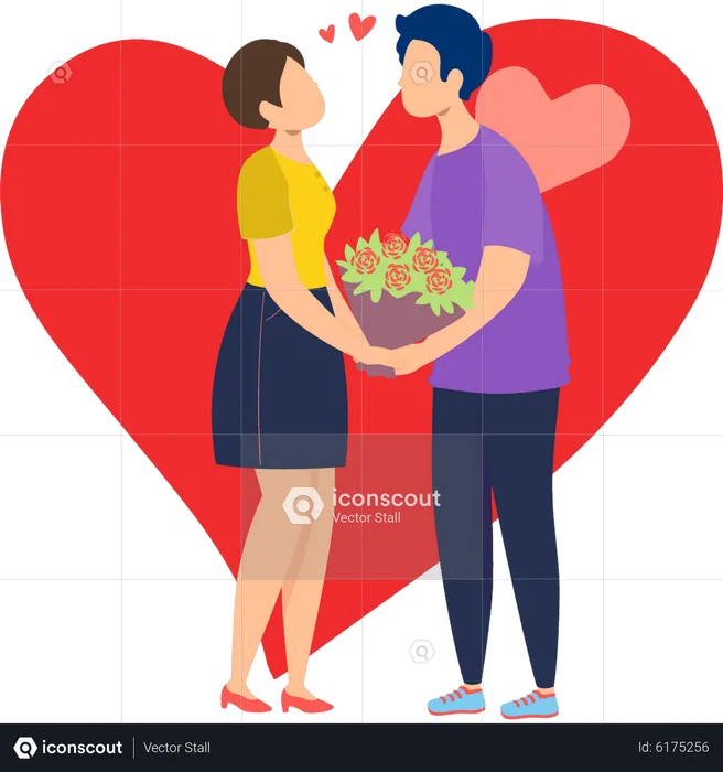 Junge gibt Blumenstrauß an Mädchen am Valentinstag  Illustration