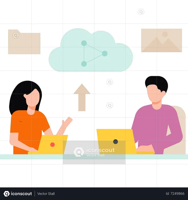 Junge und Mädchen arbeiten an Cloud-Sharing  Illustration