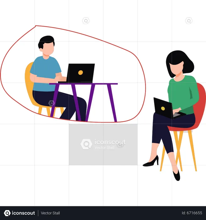 Junge und Mädchen arbeiten an ihrem Laptop  Illustration