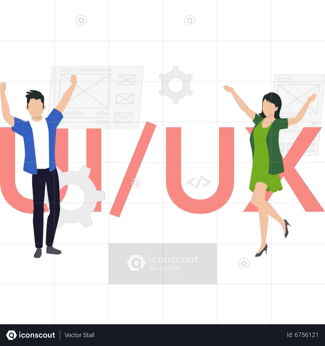 Junge und Mädchen arbeiten an UI- und UX-Einstellungen  Illustration