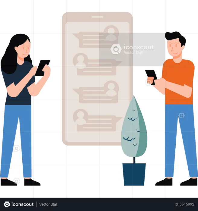 Junge und Mädchen chatten auf dem Handy  Illustration