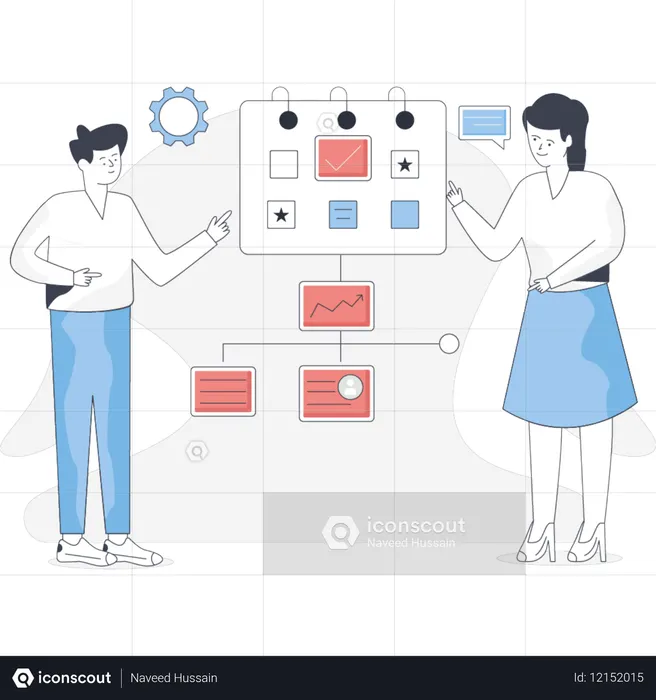 Junge und Mädchen diskutieren über Flussdiagramm  Illustration