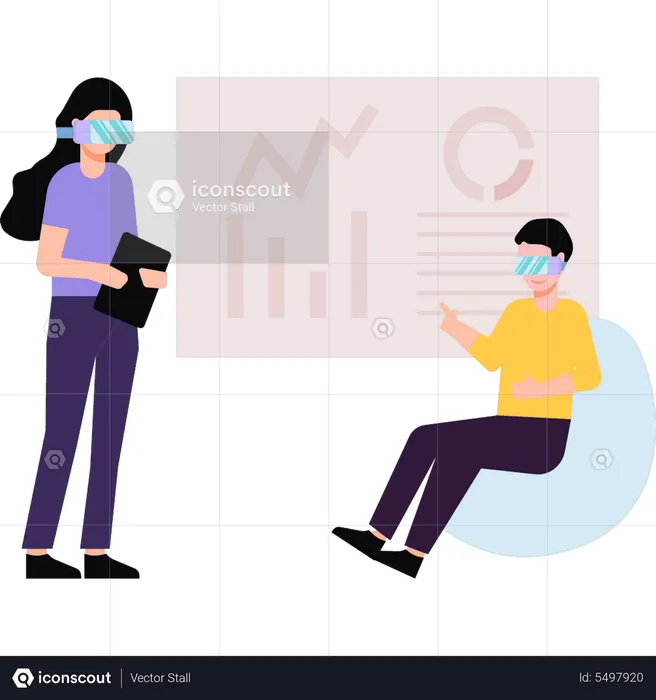 Junge und Mädchen mit VR-Brille arbeiten an Diagrammpräsentation  Illustration