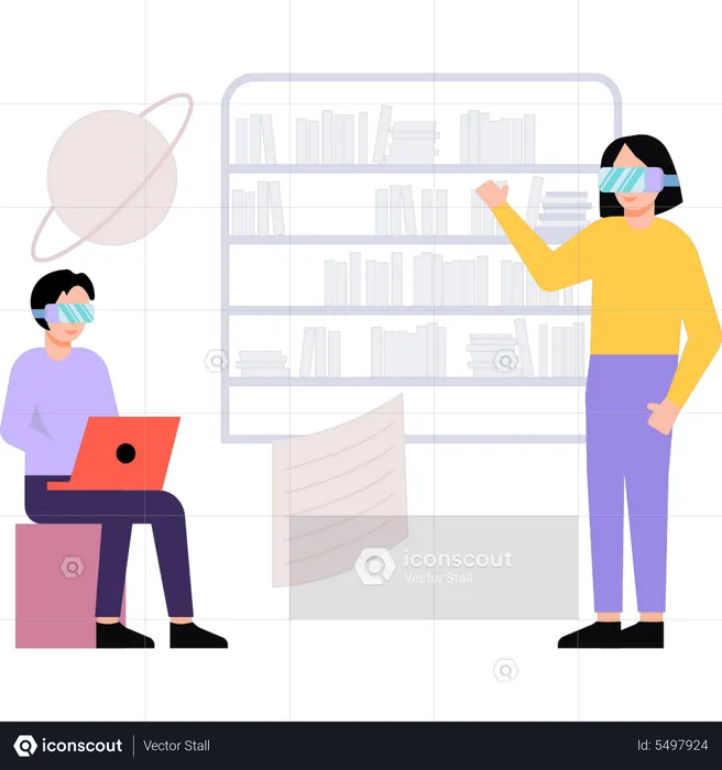 Junge und Mädchen mit VR-Brille unterhalten sich in der Bibliothek  Illustration