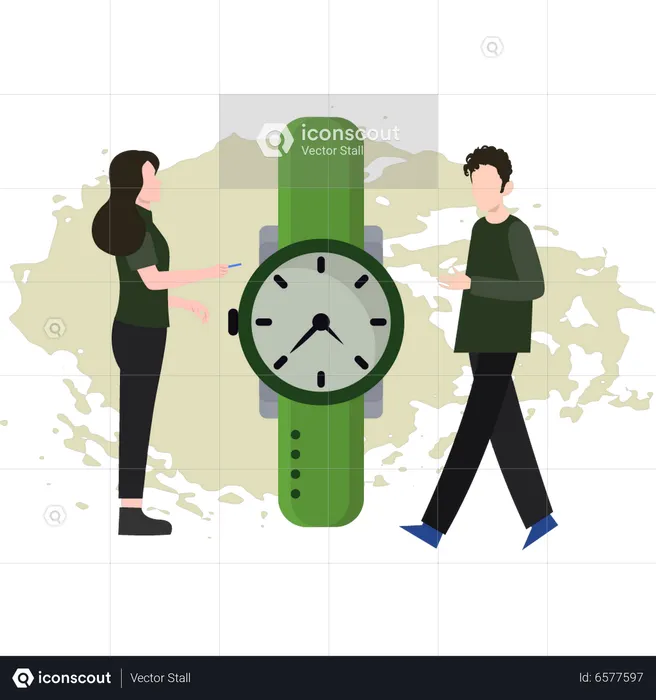 Junge und Mädchen schauen sich Armbanduhr an  Illustration