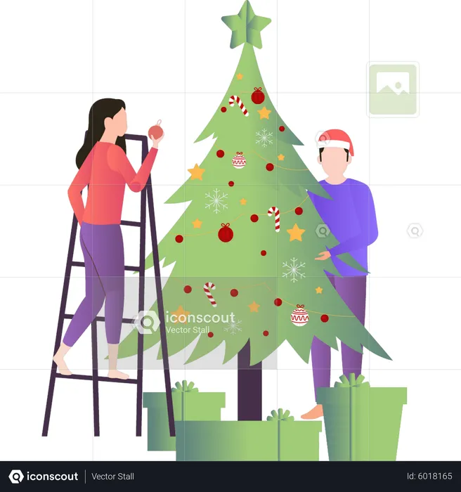 Jungen und Mädchen schmücken Weihnachtsbaum  Illustration