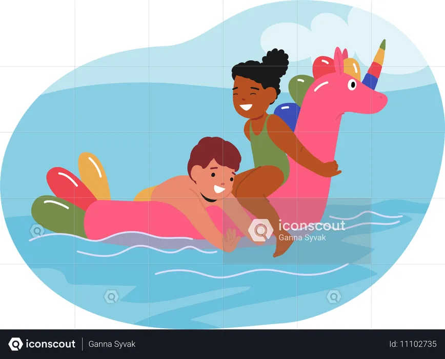 Jungen und Mädchen schwimmen auf aufblasbarem Ring im Pool  Illustration