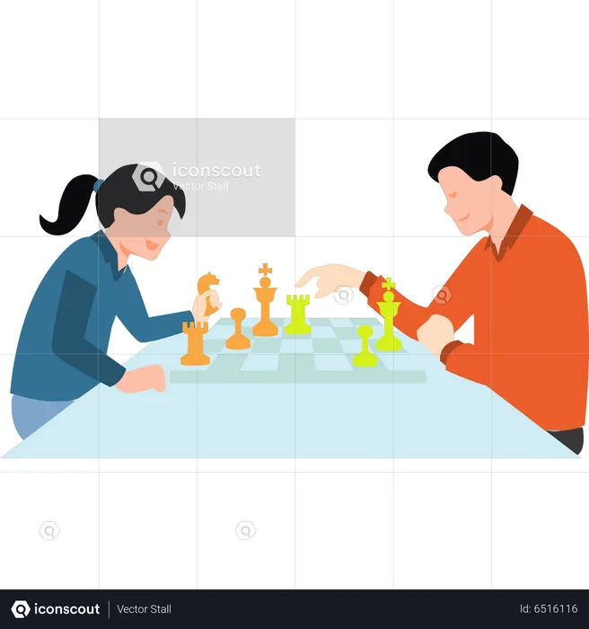 Jungen und Mädchen spielen Schach  Illustration