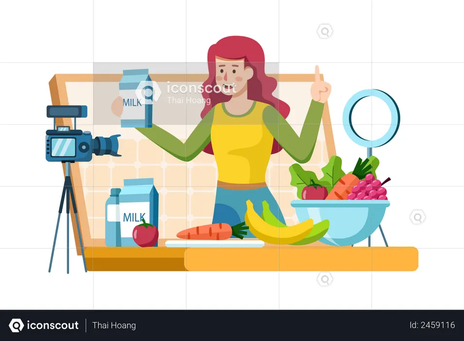 Junge Vloggerin nimmt Videoinhalte zum Thema gesunde Ernährung auf  Illustration