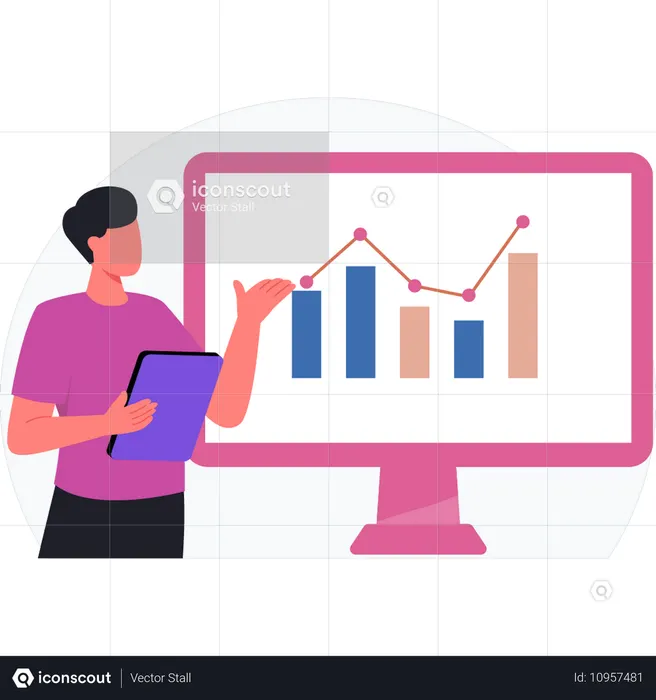 Junge zeigt Analysediagramm auf Monitor  Illustration