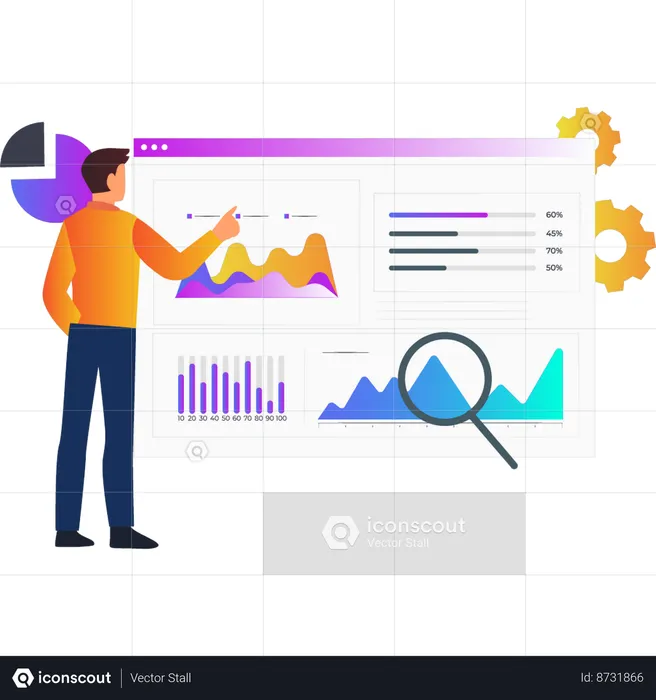 Junge zeigt auf statistische Grafik auf Webseite  Illustration