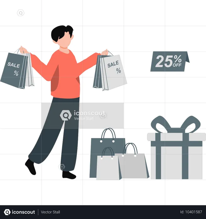 Junge mit Rabatt auf Shopping-Verkauf  Illustration