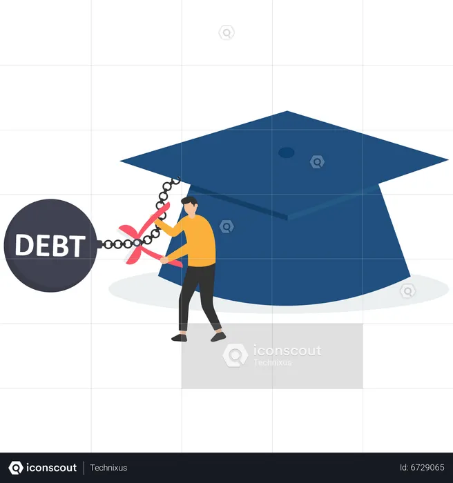 Junger Erwachsener Mann durchtrennt Kette zur Entlastung von Studentendarlehen Schuldenlast Metallkugel aus abgestuften Doktorhut  Illustration