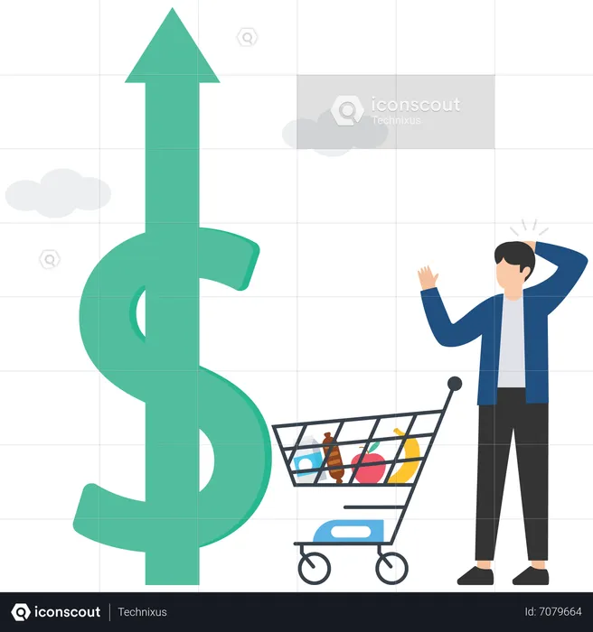 Junger Mann blickt auf steigende Inflation  Illustration