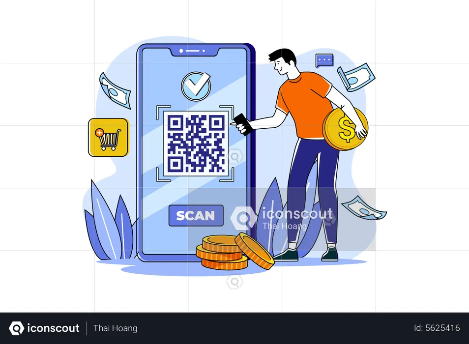 Junger Mann bezahlt Einkaufsrechnung per Qr-Code-Scan  Illustration