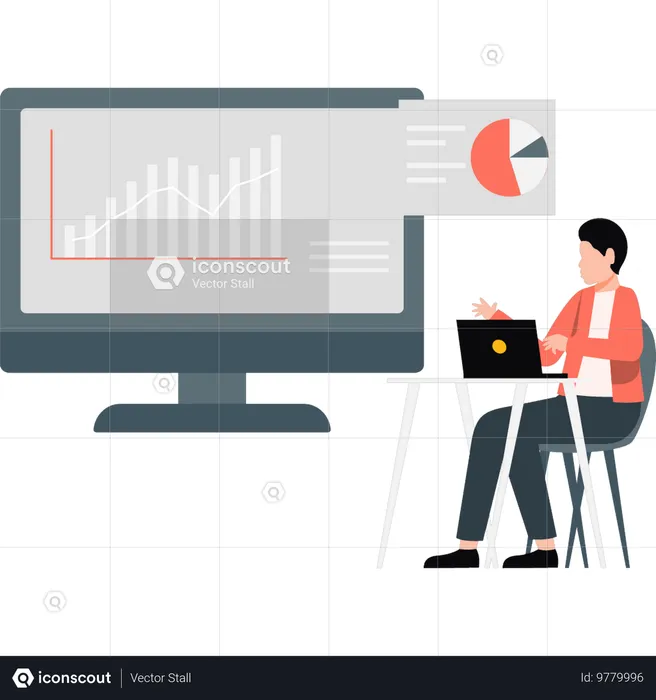 Junger Mann bereitet analytisches Diagramm auf Monitor vor  Illustration