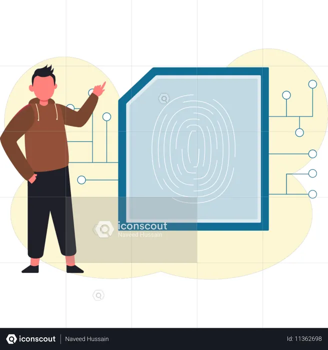 Junger Mann erzählt vom Fingerabdruck-Chip  Illustration