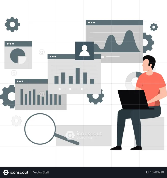 Junger Mann recherchiert zu Geschäftsdiagrammen  Illustration