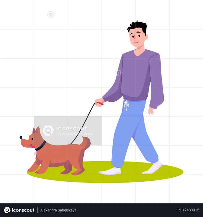 Junger Mann geht mit Hund an der Leine, brauner, flauschiger Haushund  Illustration