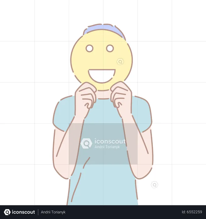 Junger Mann mit einem lächelnden Emoji-Zeichen vor seinem Gesicht, fröhliche Stimmung, positiver Gesichtsausdruck  Illustration