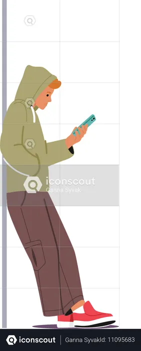 Junger Mann lehnt an der Wand und ist in sein Smartphone vertieft  Illustration