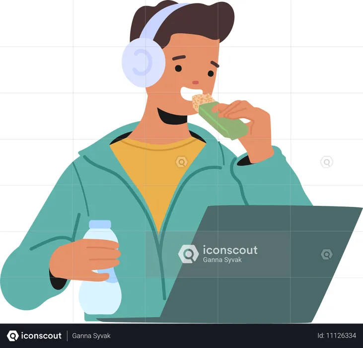 Junger Mann mit Kopfhörern und gesundem Snack beim Arbeiten an seinem Laptop  Illustration