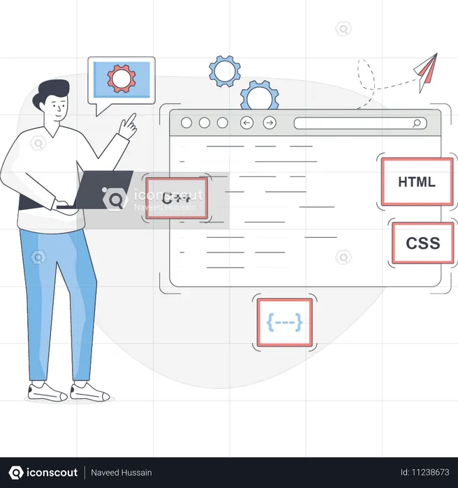 Junger Mann überprüft C++-Programmierung auf Laptop  Illustration