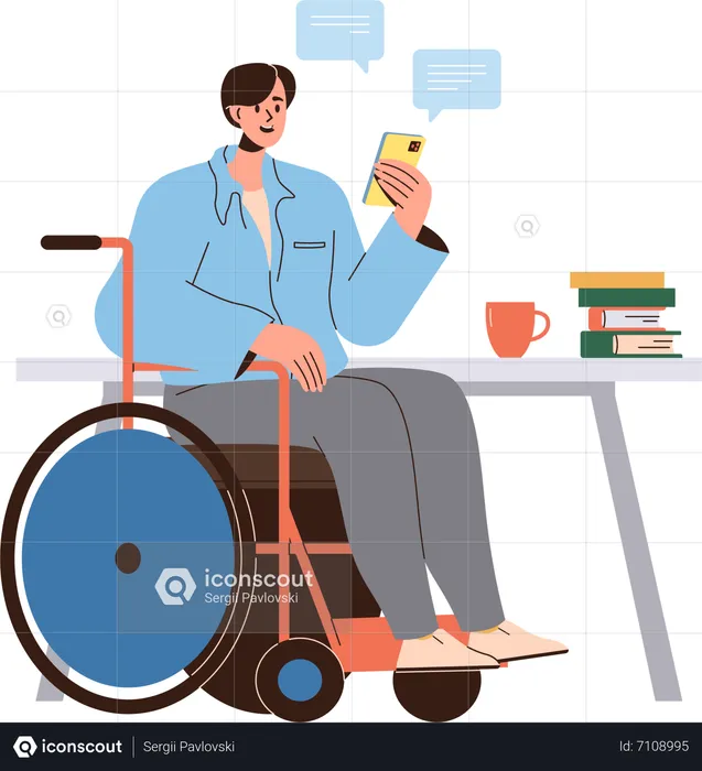 Junger Mann sitzt im Rollstuhl und nutzt Mobiltelefon zur Online-Kommunikation mit Freunden  Illustration