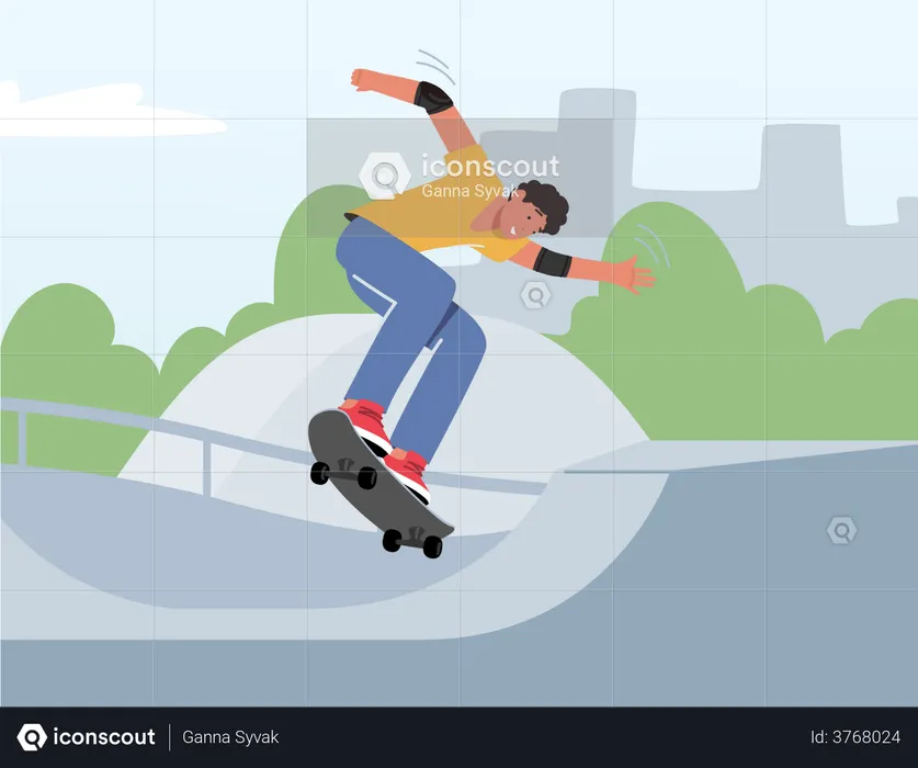 Junger Mann springt auf Skateboard und trainiert extreme Stunts  Illustration