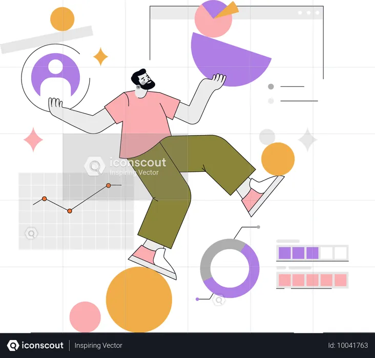 Junger Mann steht vor Herausforderungen bei der Unternehmensbalance  Illustration