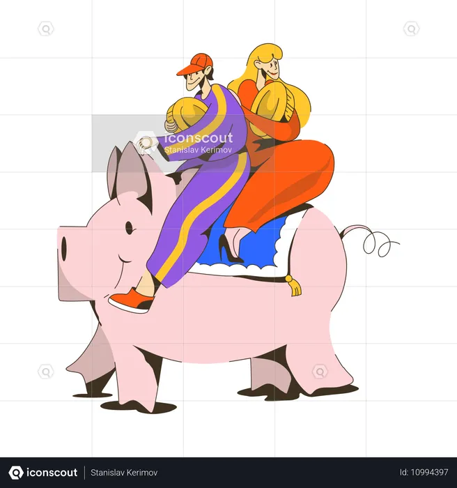 Junger Mann und Frau mit Münzen reiten auf Sparschwein  Illustration