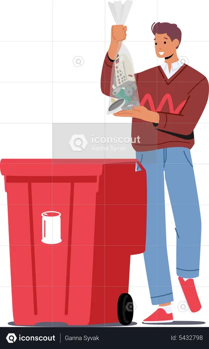 Junger Mann wirft Sack mit Metallabfall in Recycling-Mülleimer  Illustration