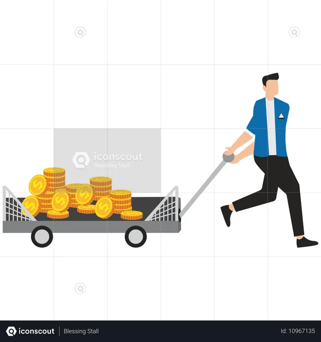 Junger Mann zieht Münzen Trolley  Illustration