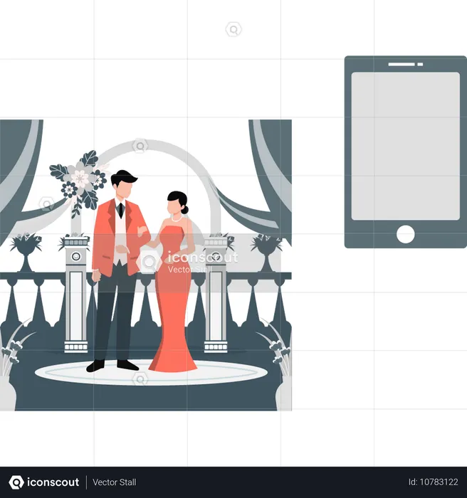 Junge Braut und Bräutigam bei der Online-Hochzeit  Illustration