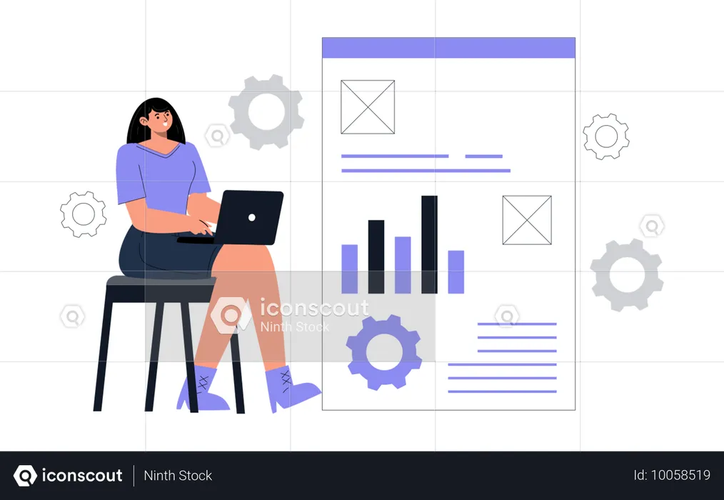 Junges Mädchen arbeitet an Online-Datenanalyse  Illustration