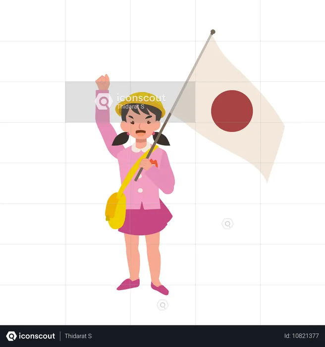 Junges Mädchen in Kindergartenuniform winkt japanische Flagge  Illustration