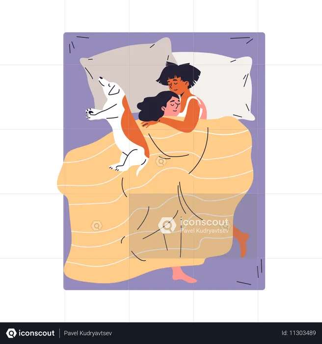 Junges weibliches lesbisches Paar umarmt sich unter der Decke, die mit Hund auf dem Bett liegt  Illustration