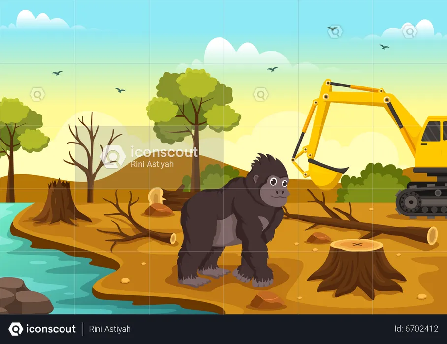 Jungle Deforestation causing animals to loose shelter  Illustration