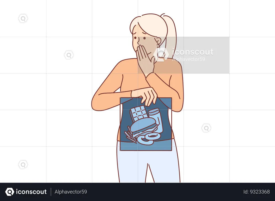 Junk food in stomach of woman holding x-ray and fearfully covering mouth with hand  Illustration